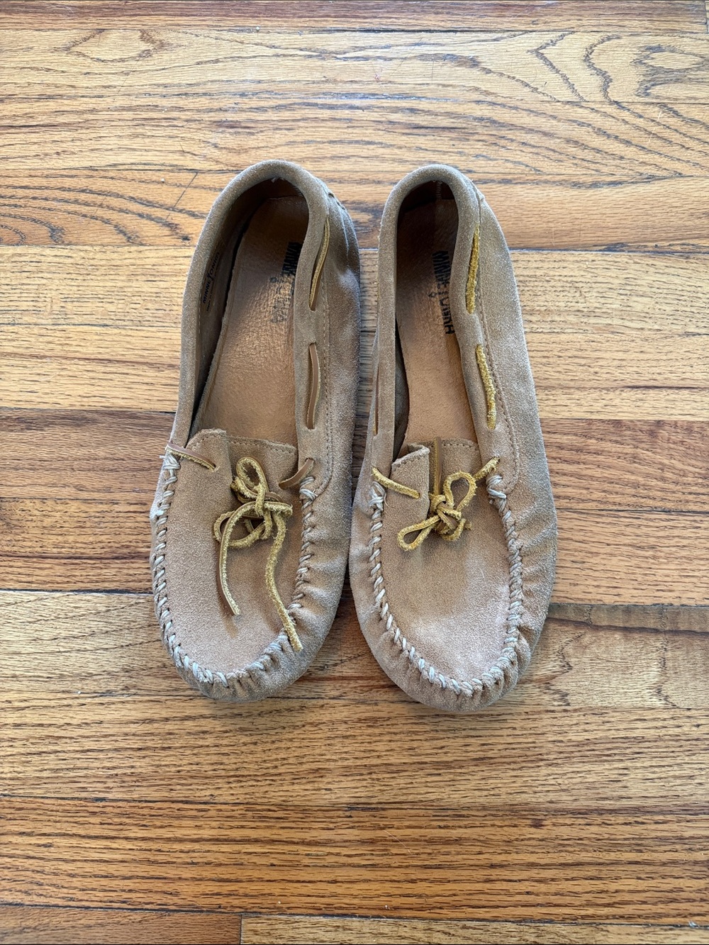 Minnetonka Men’s Suede Moccasins in Tan with Mustard Laces